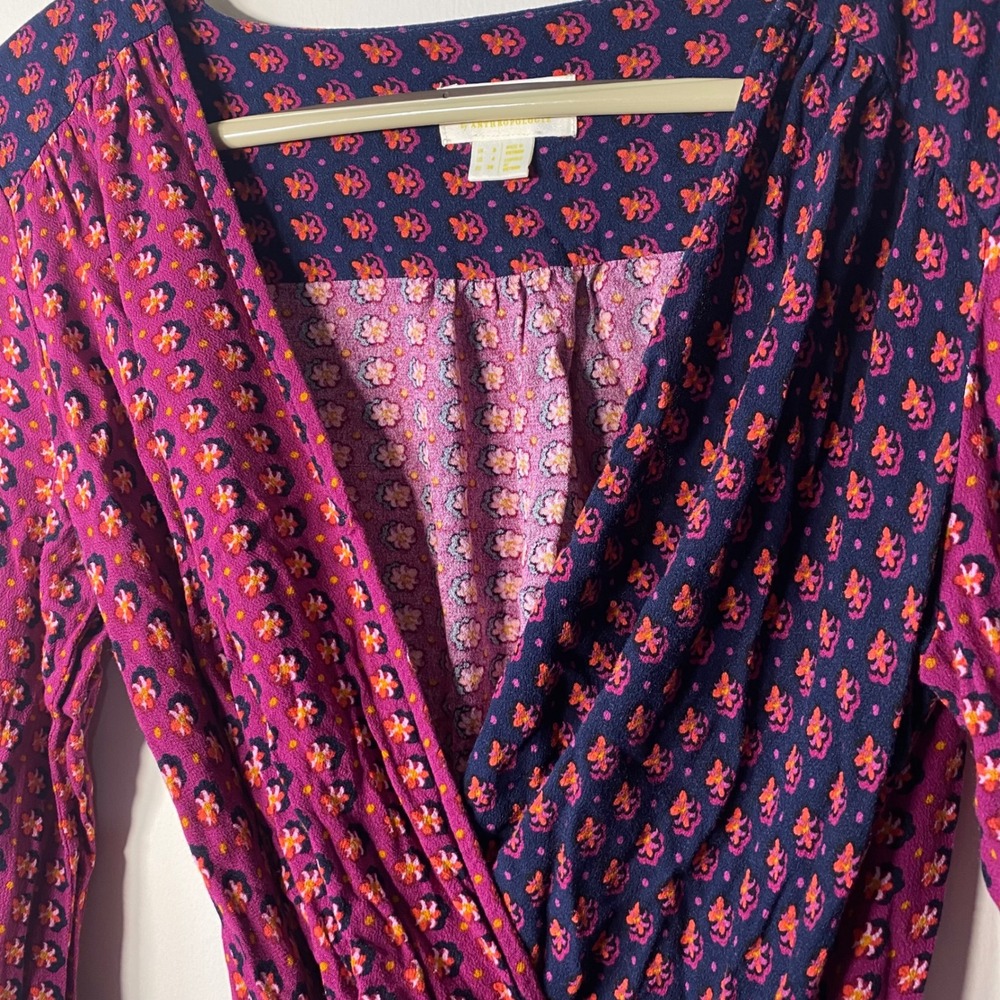 Anthropologie MAEVE Floral  Wrap Top Magenta Navy‎ Long Sleeve  Size 4 - Picture 2 of 8